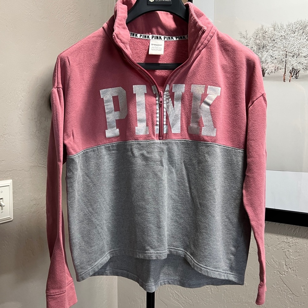 PINK Victoria’s Secret Quarter Zip Sweatshirt Small Pink Gray